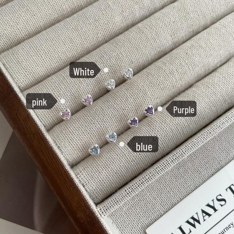 Sterling Silver Mini Zirconia Heart Stud Earrings for Women - Colorful, Exquisite, Versatile, High-End Design Sterling Silver фиолетовый