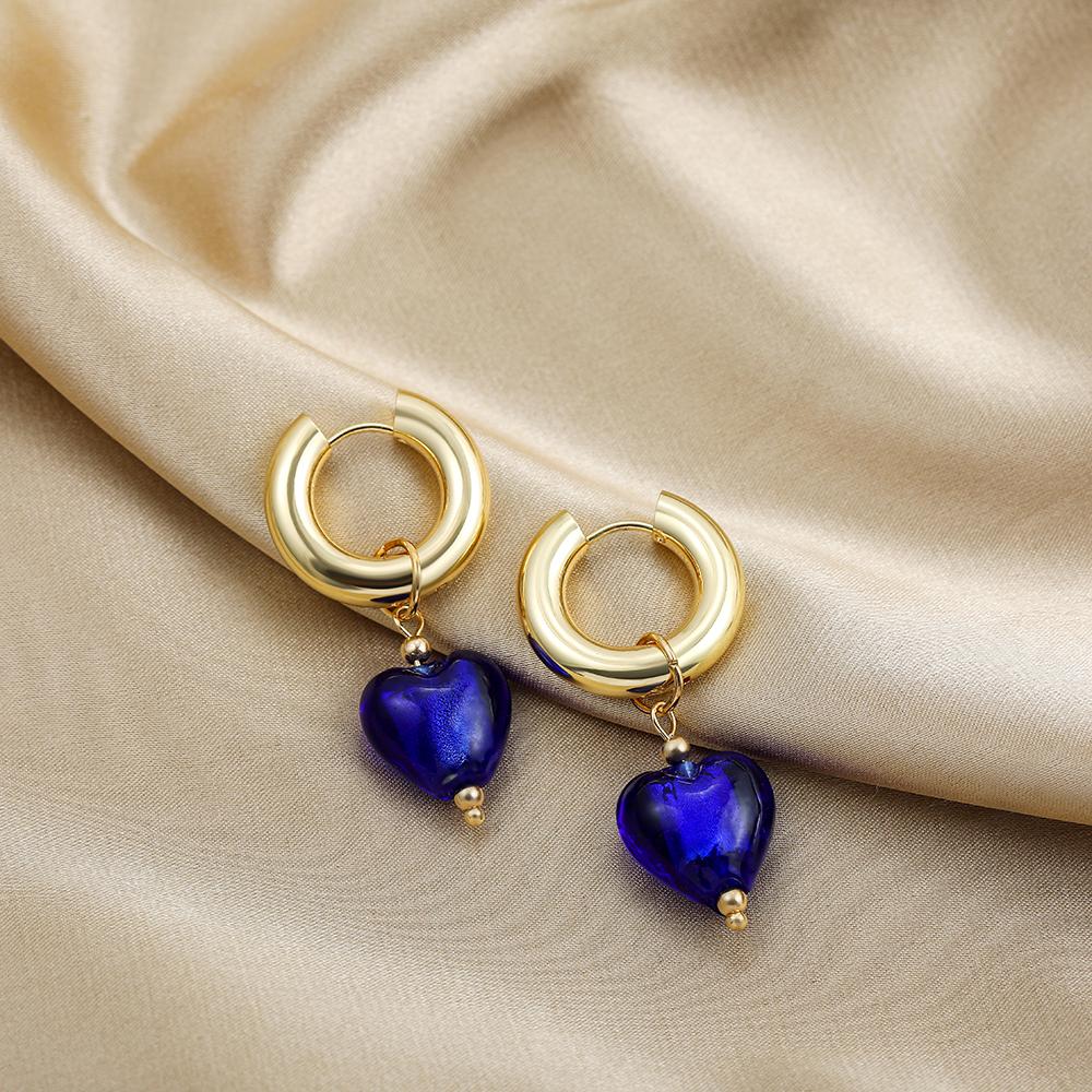 

Fashion Coloured Glaze Heart Drop Earrings for Women Classic Gold Plated Stainless Steel Hoops Ear Buckle Statement Zircon синий