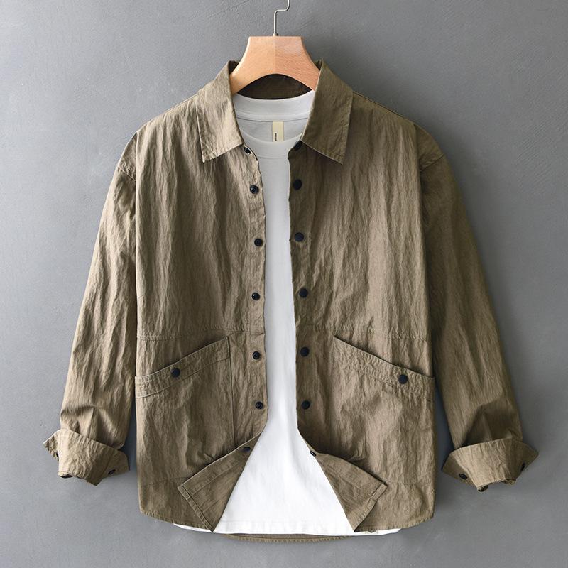 

Мужская рубашка в винтажном японском стиле с длинным рукавом, весенне-летняя, свободного кроя, с двойными карманами, на пуговицах, молодежные повседневные топы 4XL кофейный