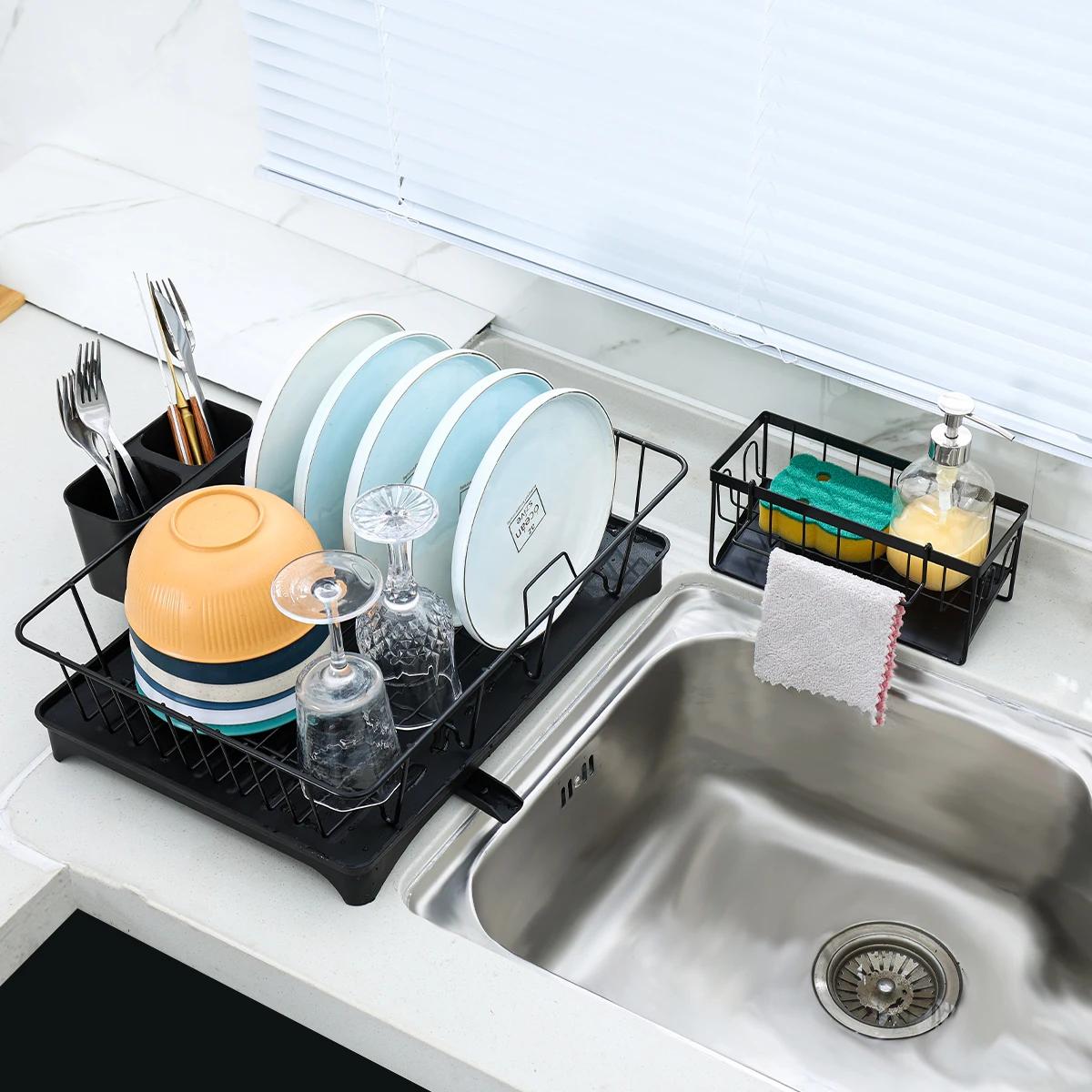 

2-Piece Dish Drying Rack Set with Sink Caddy Multi-Purpose Kitchen Storage Organizer for Countertop Space Saving Rustproof чёрный