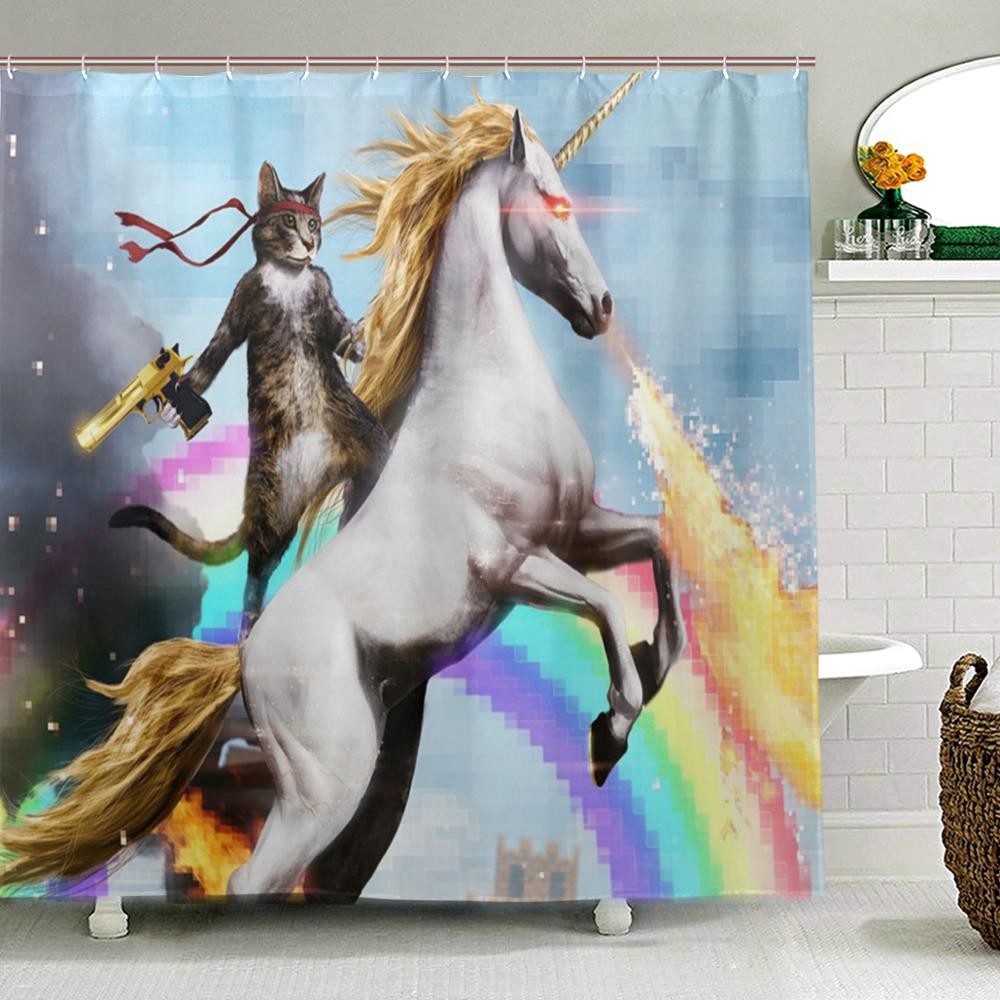 

Waterproof Unicorn Shower Curtain Cat Hero With Gun Bath Curtain Polyester Fabric Washable Curtain Bathroom Decor With 12 Hooks W120x H180cm