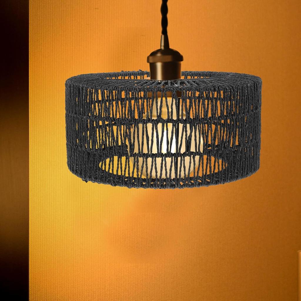 Rattan Lamp Shade:Boho Weave Lamp Shades Farmhouse Woven Lampshade for Floor Lamps, Pendant Light,Chandelier, 30.00X30.00X15.00CM, Black,