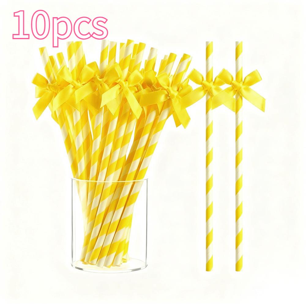 10pcs Pink Striped Bow Paper Straws with Ribbon Labels – Disposable Party Drinking Straws for Weddings, Bridal Showers