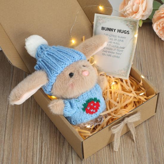 Mini-Häschen-Umarmung, Ostergeschenk, Plüsch-Kaninchenpuppe mit Strickmütze und Bommeltasche, emotionales Unterstützungstier mit Geschenkbox, inspirierende Karte