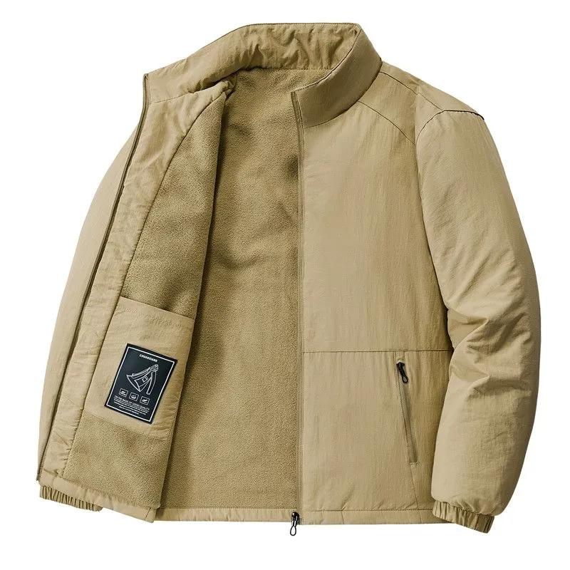 Men Autumn Winter New Style Fleece Lined Stand Collar Zipper Pocket Jacket Fashion Warm Casual Versatile Top