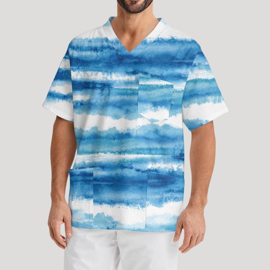 Men's Printing Short Sleeve V-neck Working Blouse Chest Pocket Carer Top