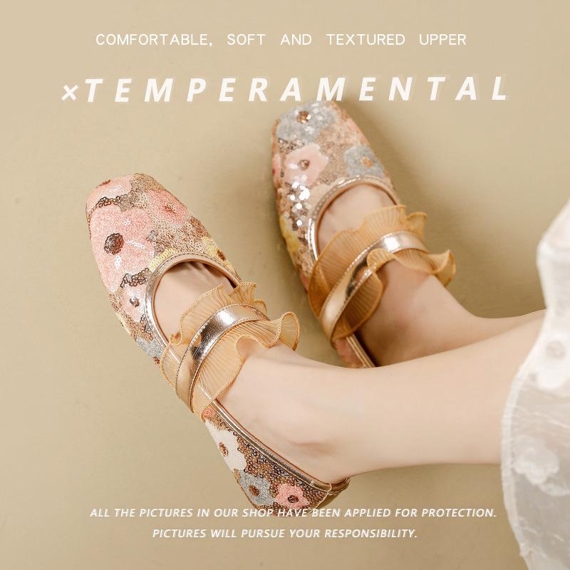 Fashion Lace Ruffles Band Ballet Shoes Ladies Silver Paillette Flats Mary Jane Women Lolita Mocasines Oversize Loafers Bridesmaide Shoes