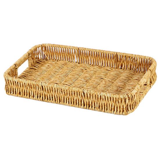 Storage Basket with Handle Manual Braided Faux Rattan Rectangle Shape Hollow Drainage Party Picnic Fruit Snacks Bread Serving