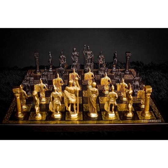 Hand Etched Thick Pure Brass 'Luxury Chess' Sculpted by Master Craftsmen, Ever Shine Polished Board and Pieces, Antique Black Finish