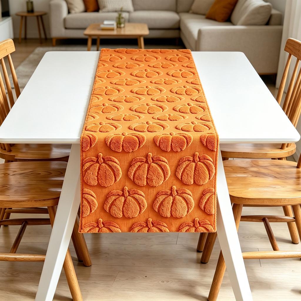 Embroidered Pumpkin Quilted Table Runner with Three Dimensional Stitching for Dining Table Party Decoration Fabric Covering