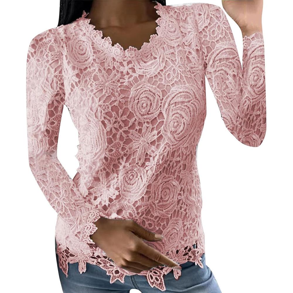

Женские топы Футболки с длинным рукавом Кружевные облегающие блузки Туники с круглым вырезом Топы Осенняя рубашка Свободный пуловер Блузка XL розовый