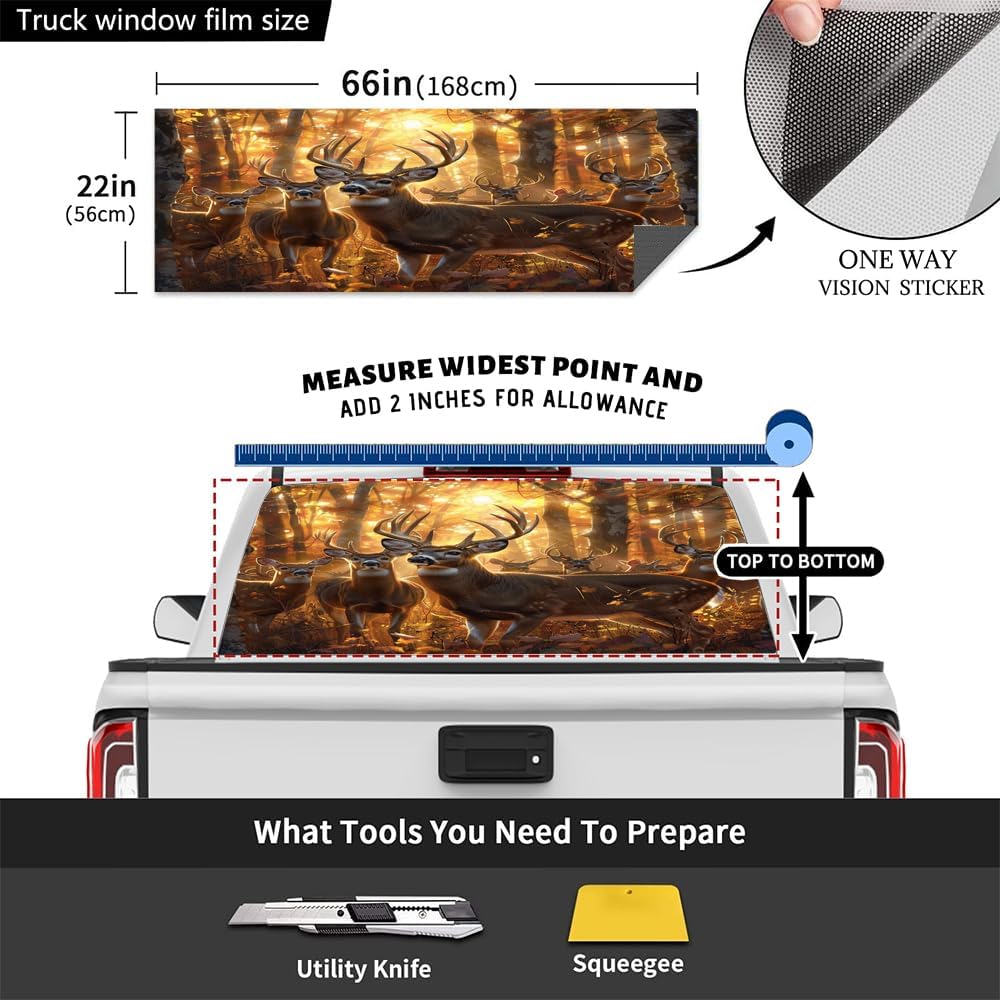 Rustic Deer Truck Rear Window Graphic Decals, Sunset Forest Nature Animal Pickup Car Window Stickers Truck Back Window Film Decal for Trucks SUV 66 x