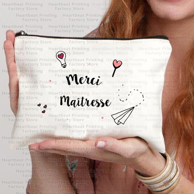 French Thank You Maîtresse Print Travel Cosmetics Bag Lipstick Bag Pencil Case Pouch Bags for Women Back To School Gift