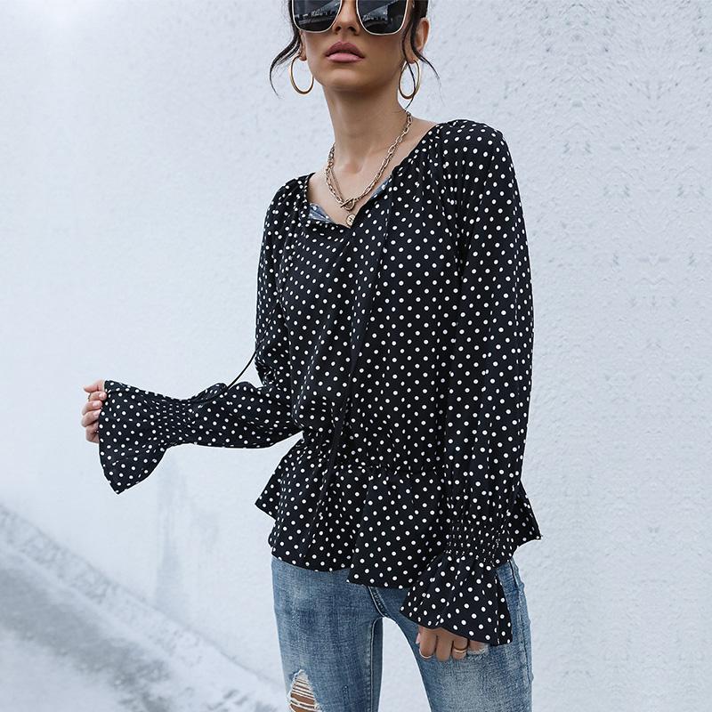 YYFS Women's Fashion Casual Polka Dot Print Summer Spring Long Sleeve V-Neck T-shirts & Long-sleeve Tops