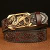 Men's Lion Head Leather Belt with Arabesque Pattern - Automatic Buckle, Cowhide, Casual for Jeans
