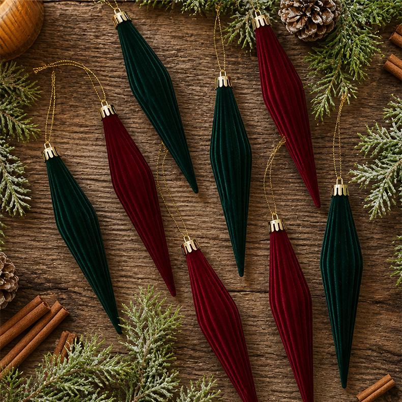 Wine Red Glitter Flocked Ice Pick Christmas Ornaments - 6-Piece Gift Box Set