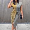 QICED Damen Frühling Sommer Sexy Print Ärmelloses Spitzen Plissee Kleid