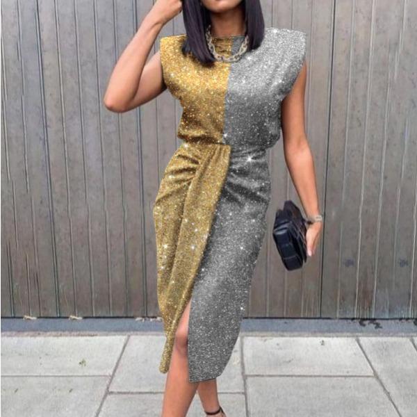 QICED Damen Frühling Sommer Sexy Print Ärmelloses Spitzen Plissee Kleid