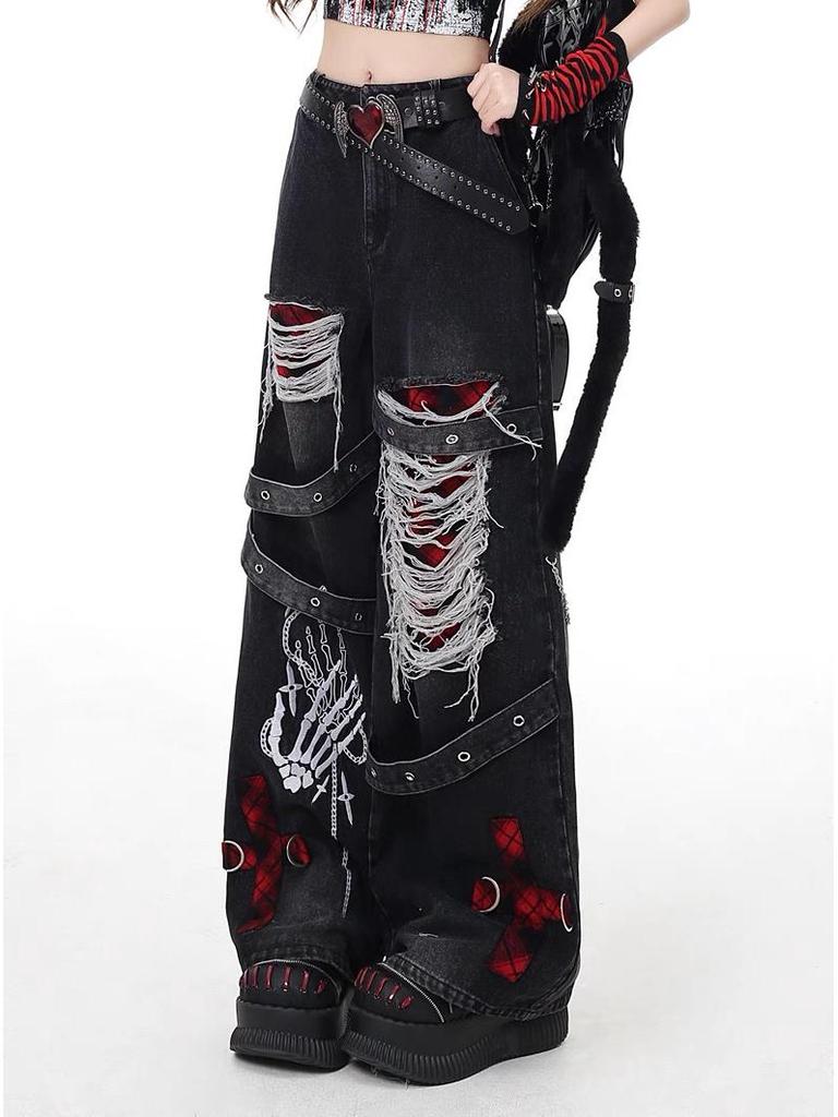 Dámské roztrhané džíny v punkovém stylu, Jaro/Léto 2026, Retro sešlapané vyprané široké kalhoty