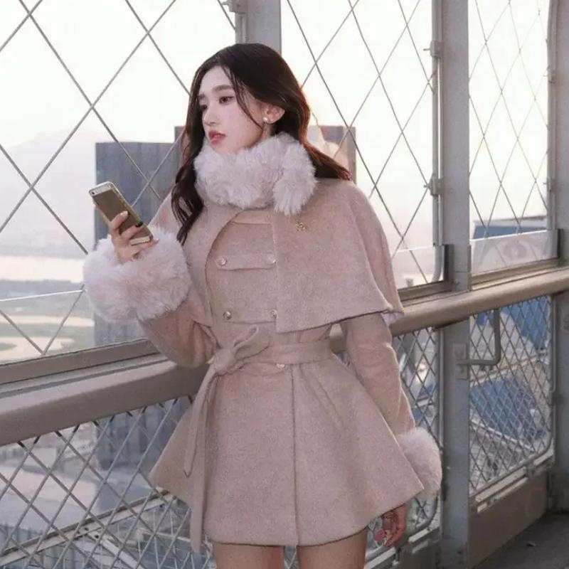 2025 Winter Französisch Vintage Elegant Wollmantel Frau Schwarz Schick Schal Umhang + Retro Locker Trenchcoat Damen Bandage Korea Modedesign Outfits