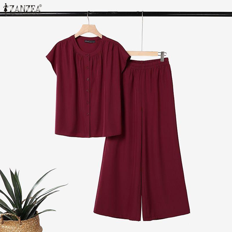 ZANZEA Women Short Sleeve Blouse and Long Pants Summer Casual Two Piece Sets