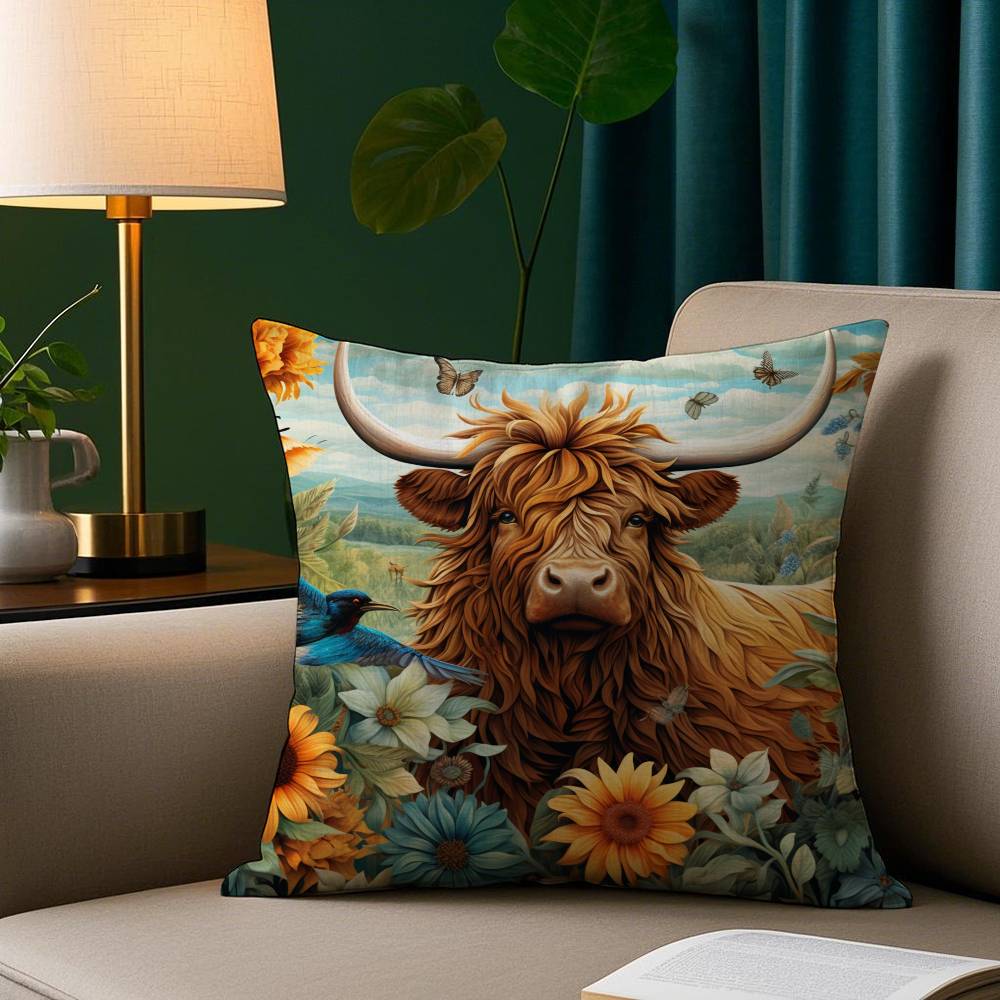 Vibrant Highland Cow Pattern Pillow Case Short Plush Print Cushion Cover Square Throw Pillow Covers Sofa Home Decor