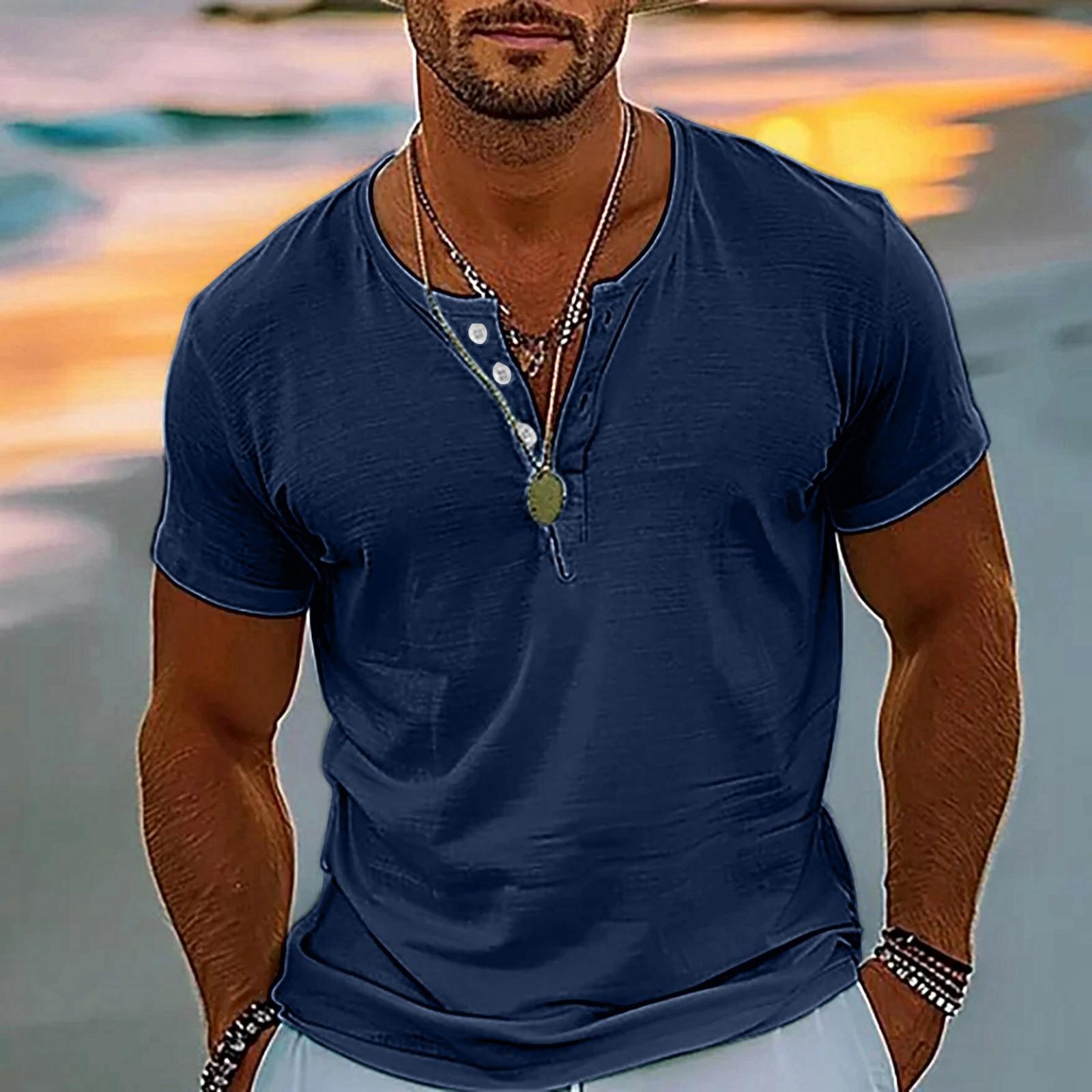 Винтажная летняя мужская футболка уличная одежда 3 пуговицы свободная одежда футболка с коротким рукавом и принтом M 1733₽