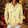 Women's Casual Christmas Print Button Down Long Sleeve Shirt with Collar and Side Slits
