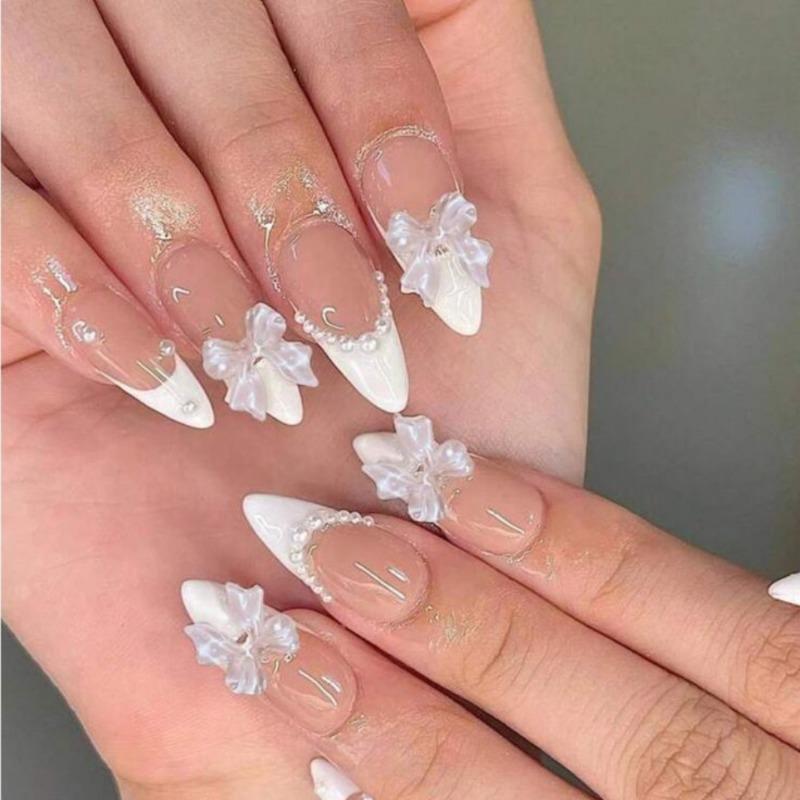 3D Flower And Water Ripple Nail Decoration White And Nude Color French Manual Nails 100% Handmade Press On Nails Almond 10Pcs Fake Nail Tips Reusable