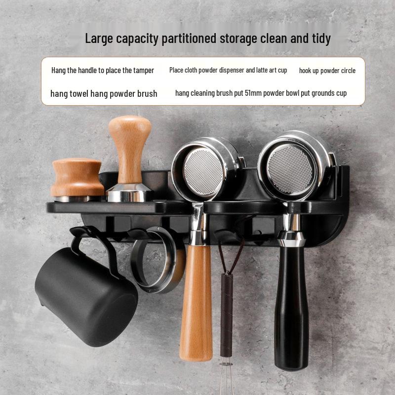 Wall-Mounted Coffee Accessory Organizer with Tamper Holder & Hammer Bar