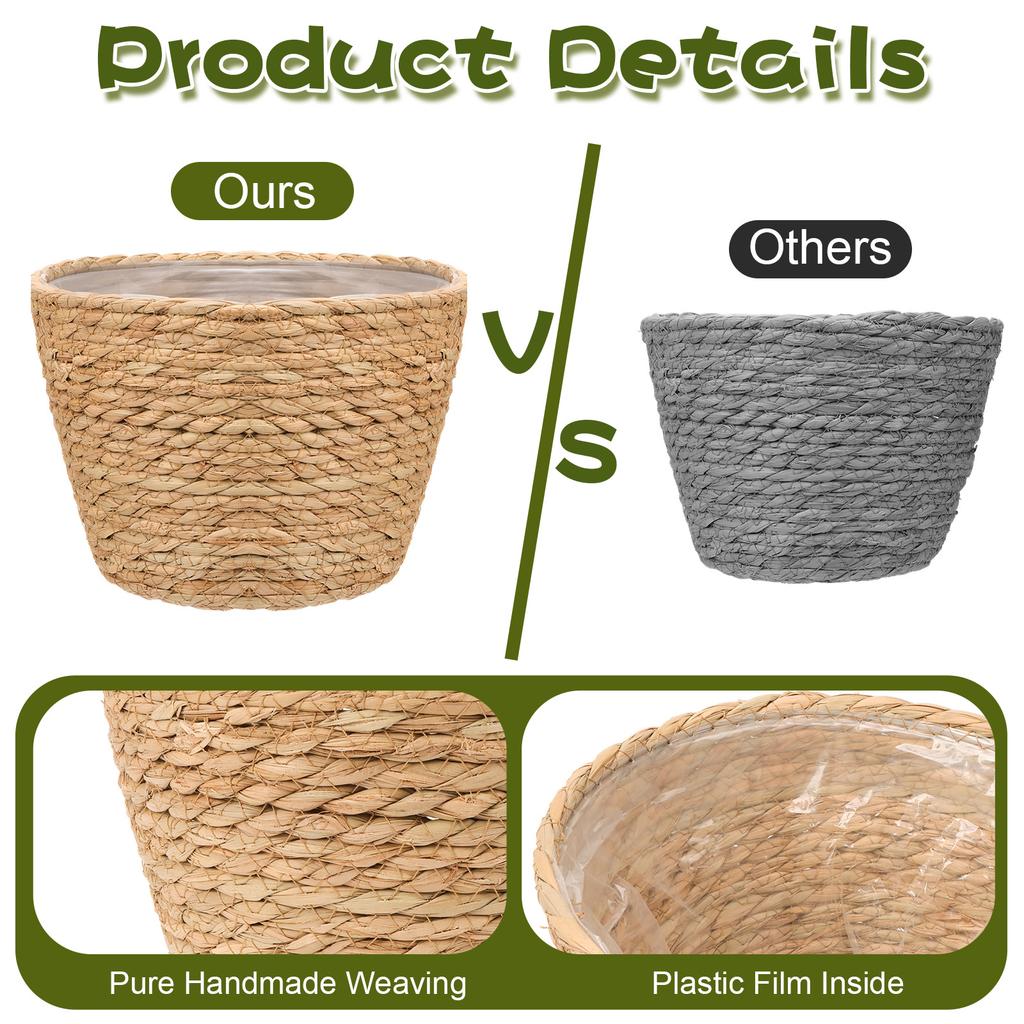 Haiabei 4 Stuks Riet Geweven Plantenmand Midden Premium Zeegras Plantenmand Met Plastic Bekleding Natuurlijk Stijlvol Plantenmanden