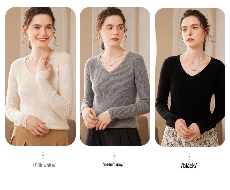 Women's V-Neck Cashmere Striped Slim Fit Long Sleeve Sweater - Warm Autumn/Winter Base Layer