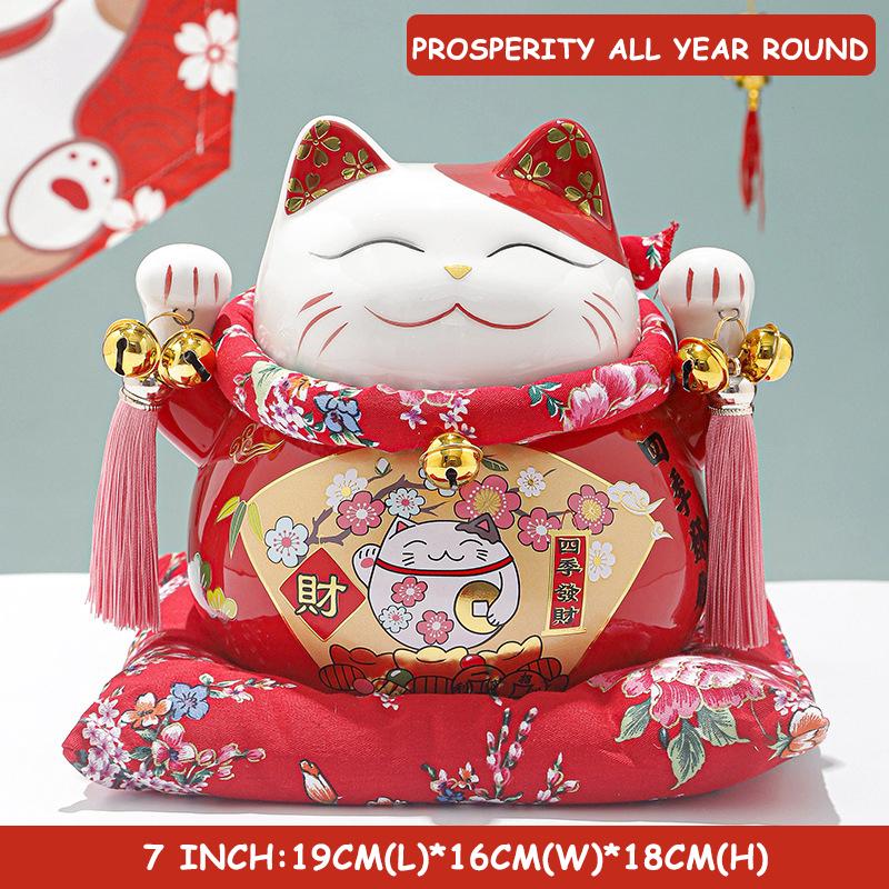 7 inch Ceramic Lucky Cat Statue Maneki Neko Porcelain Fortune Cats Figure Money Bank Feng Shui Decor Ornament Home Centerpiece