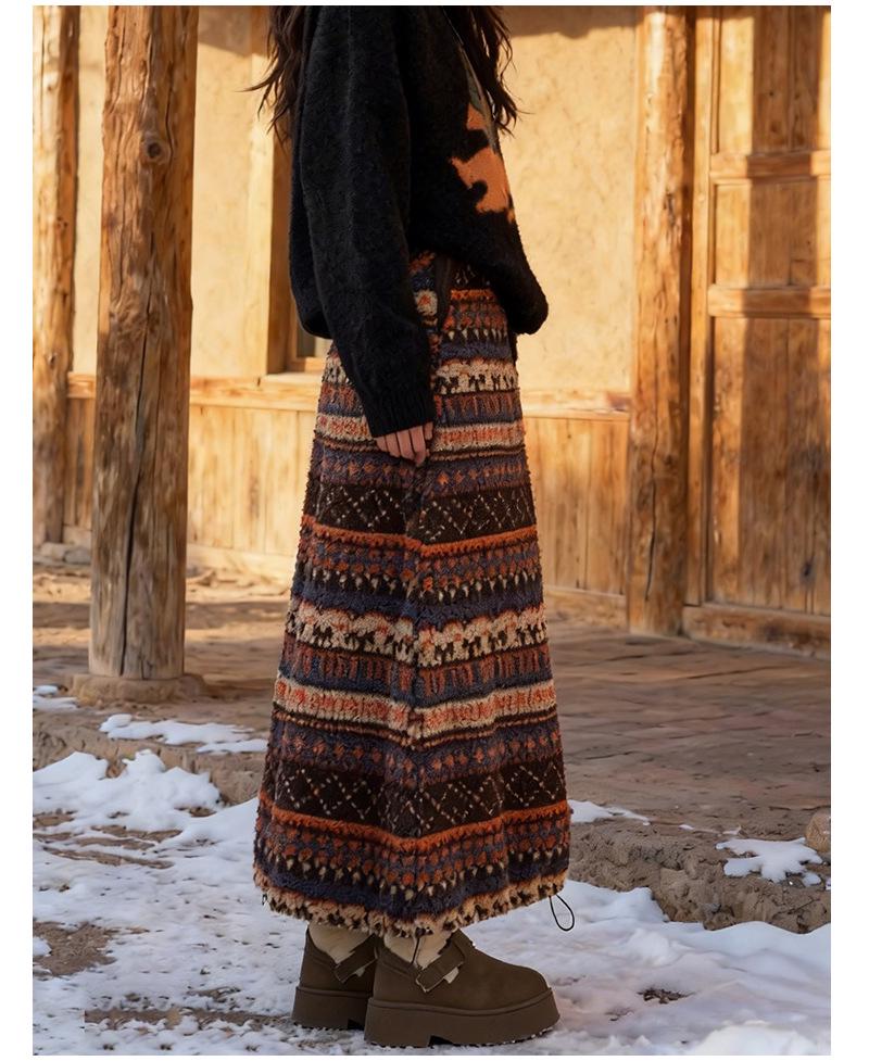 Fair Isle Ethnic Style Women's Fleece Drawstring Lantern Skirt for Autumn/Winter