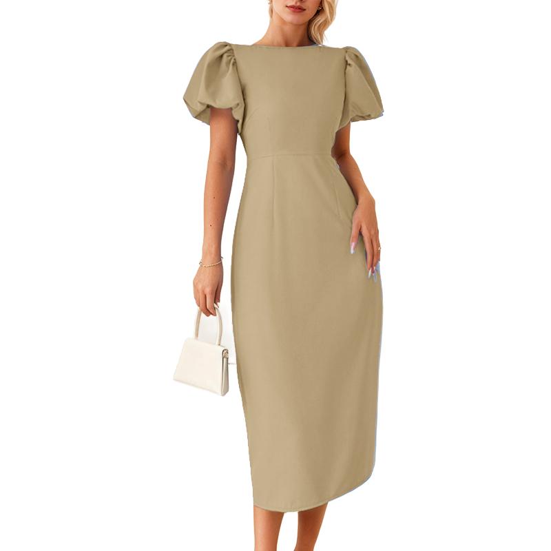 

ZANZEA Женское летнее повседневное платье с круглым вырезом и пышными короткими рукавами S хаки
