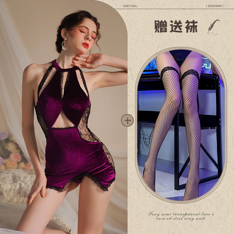 Sexy underwear pure lace splicing velvet temperament thin purple charm neck classical cheongsam