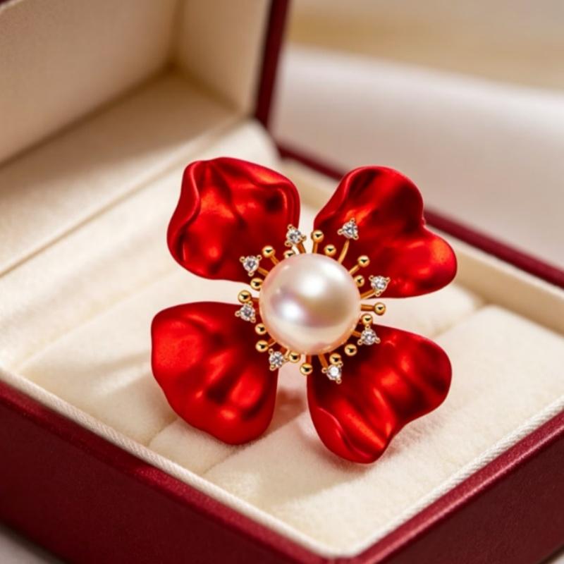 Beautiful Flower Brooches For Women Red Enamel Pearl Flowers Plants Party Office Brooch Pin Gifts