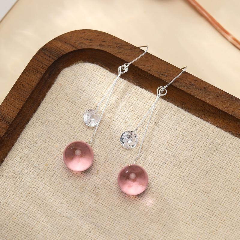 S925 Sterling Silver Clear Crystal Round Bead Drop Earrings Long Tassel Hook Earrings Women Elegant Daily Jewelry