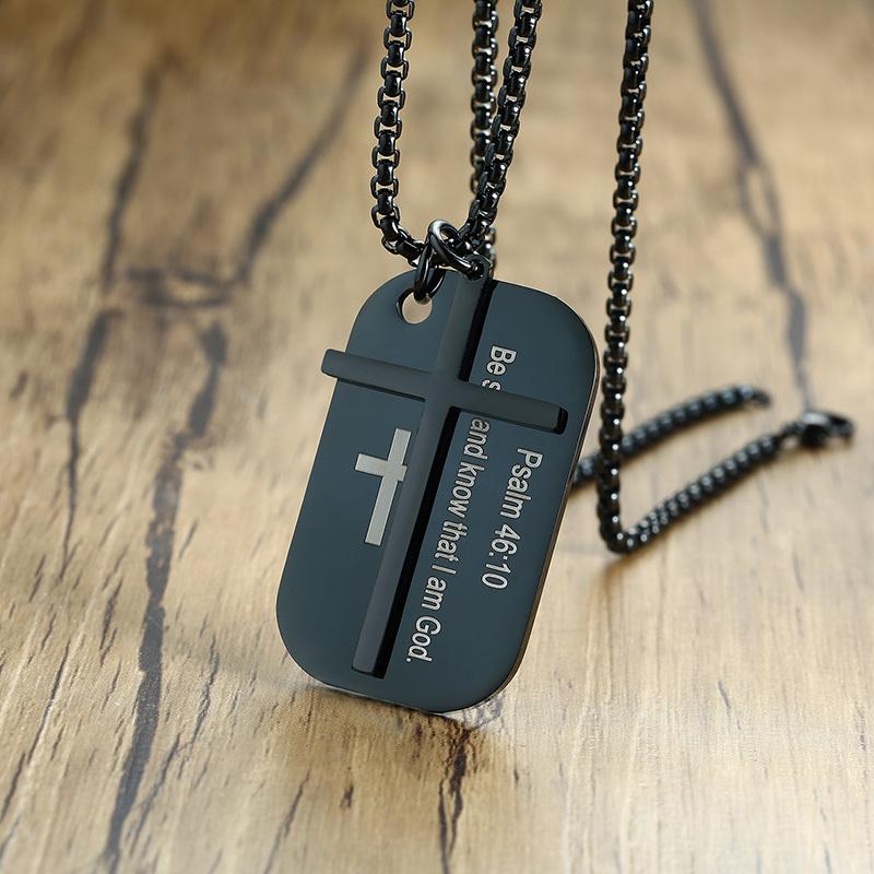Vnox Personalized The Bible Cross Dog Tag Necklaces for Men Women, Black Stainless Steel Custom Prayer Christian Jewelry