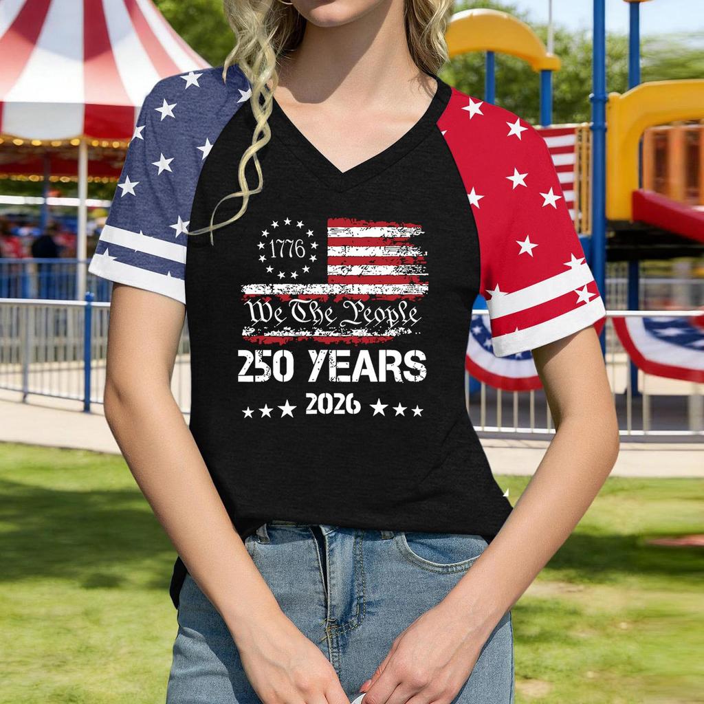 Women's Casual V Neck Short Sleeve Pullover T Shirt Independence Day Graphic Print Top 250 Years Commemorative Design 2026