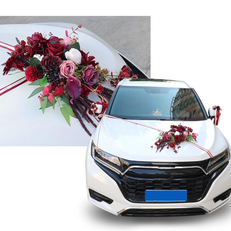 Wedding Car Decoration 7Pieces Set with Realistic Artificial Flower for Car Decors included Rearview Mirror and Doorknob