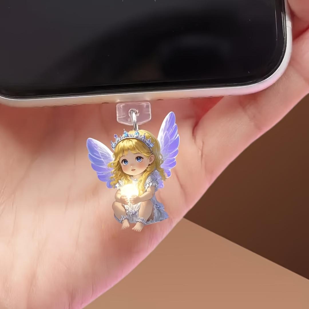 

1 шт. Милый фиолетовый крылатый ангел акриловая заглушка от пыли для мобильного телефона, совместимая с разъемом iPhone/Type-C Android, подходит для праздничных подарков For iPhone5-14 фиолетовый