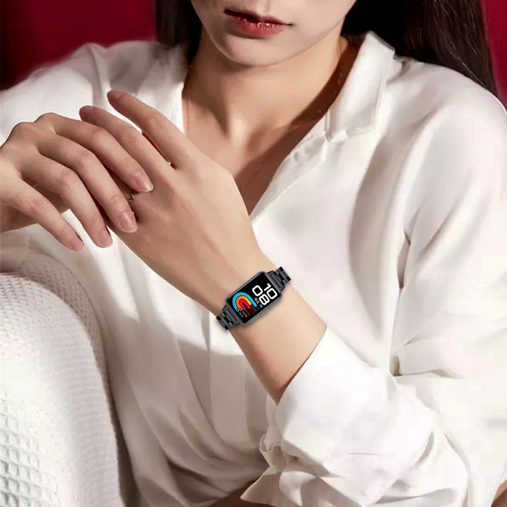 Black Watch Band for Huawei Band 10/9/8 Stainless Steel 3-Bead Metal Strap