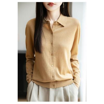 French POLO Collar Knitted Cardigan Feminine Long-sleeved Lapel Shirt Versatile Base Layer Top