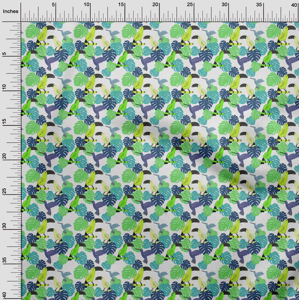 oneOone Cotton Flex Aqua Blue Fabric Tropical Floral with Birds Fabric for Sewing Printed Craft Fabric by The Yard 40 Inch