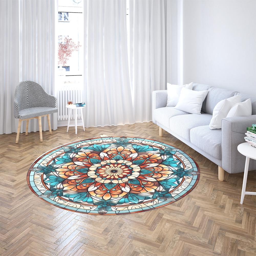 Mandala Pattern Round Rug Colorful Geometric Floral And Retro Designs Soft Carpet For Living Room Bedroom Bohemian Style