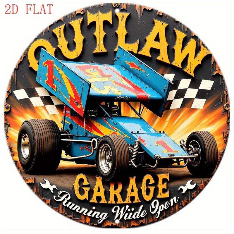 Inch Outlaw Racing Garage Metal Wall Sign  Flames Checkered Flag D Flat Circle Aluminum Decor 20x20cm(8x8inch)