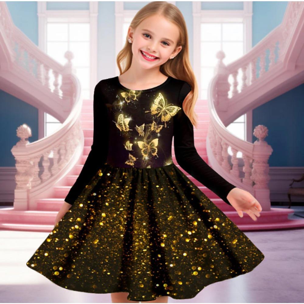 Vestito Casual da Bambina con Stampa 3D a Farfalle, Girocollo, Manica Lunga, Vestito da Principessa per Bambina
