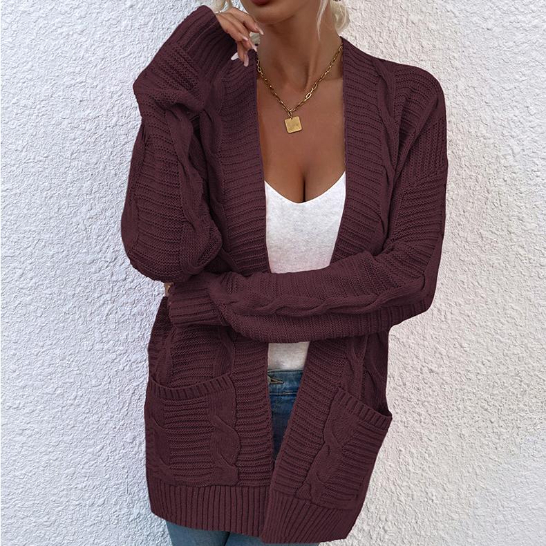 Începutul toamnei, stil nou, pulover pentru femei, modă, odihnă, tricotat, cardigan, aluat prăjit, răsucire, mijloc lung, buzunar, tricotat, cardigan.