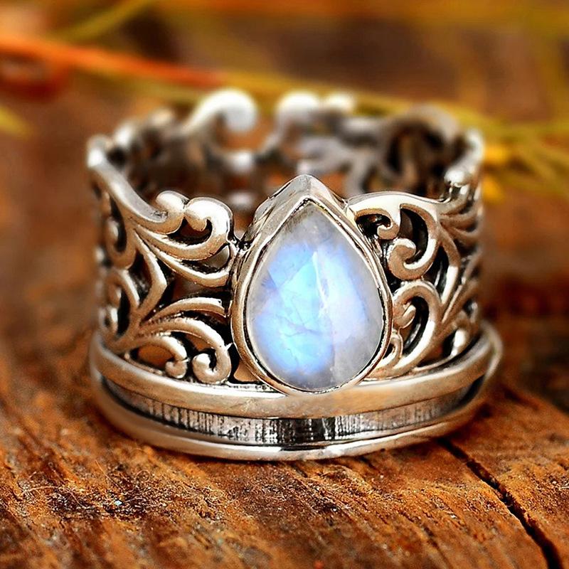 

New Water Drop Texture Metal Moonstone Ring for Women s High End Design, Trendy Personality, and Temperament Zircon Accessories 6